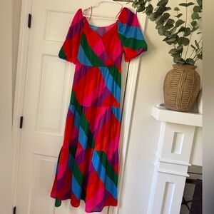 Colorblock Puff-Sleeve Tiered Maxi Dress - Red, Pink, Blue, Green